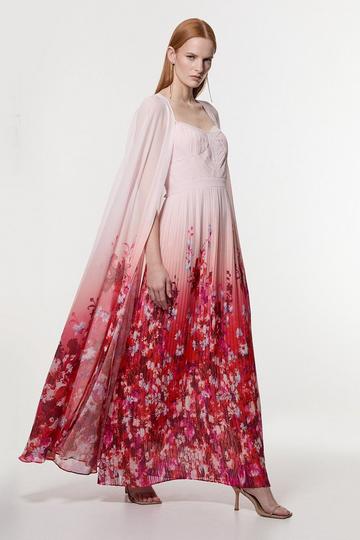 Pink Scattered Floral Print Woven Pleated Cape Maxi Dress