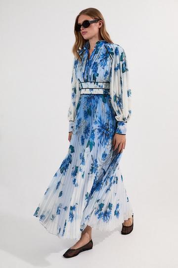 Scattered Floral Print Pleated Maxi Dress blue