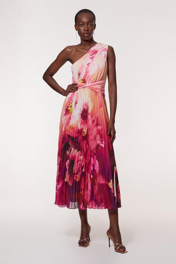 Purple Ombre Floral Soft Pleated One Shoulder Maxi Dress