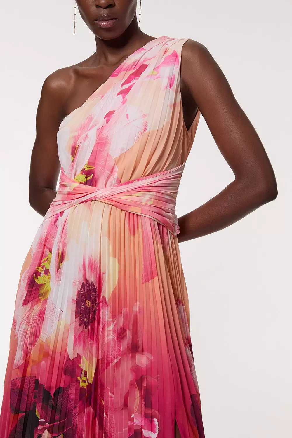 Ombre Floral Soft Pleated One Shoulder Maxi Dress | Karen Millen