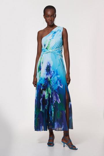 Tall Ombre Floral Soft Pleated One Shoulder Maxi Dress blue