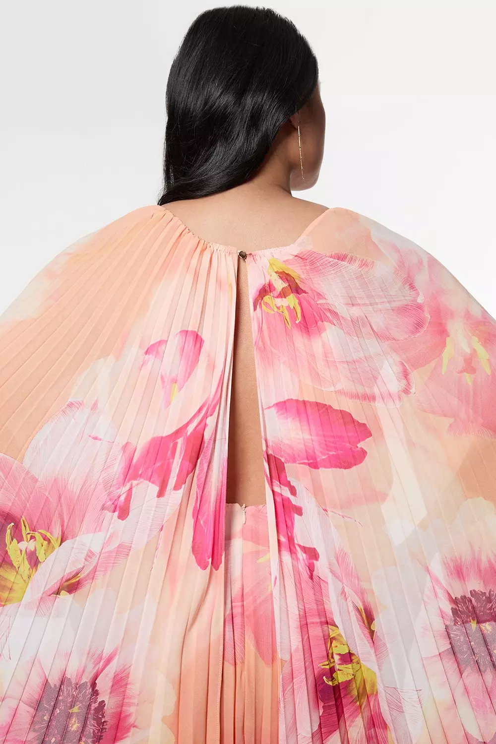 Plus Size Ombre Floral Soft Pleated Woven Maxi With Cape