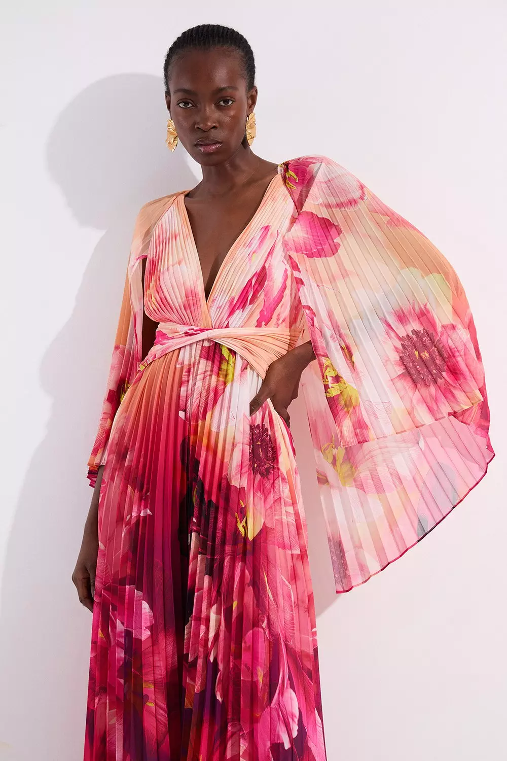 Petite Ombre Floral Soft Pleated Woven Maxi With Cape Detail