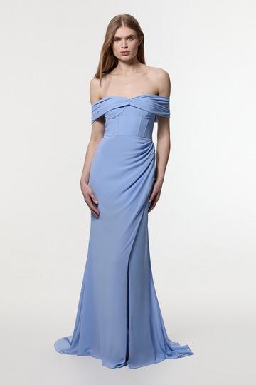 Blue Georgette Pleated Bustier One Shoulder Drama Woven Maxi Dress