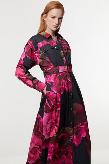 Black Placed Floral Cotton Sateen Shirt Dress