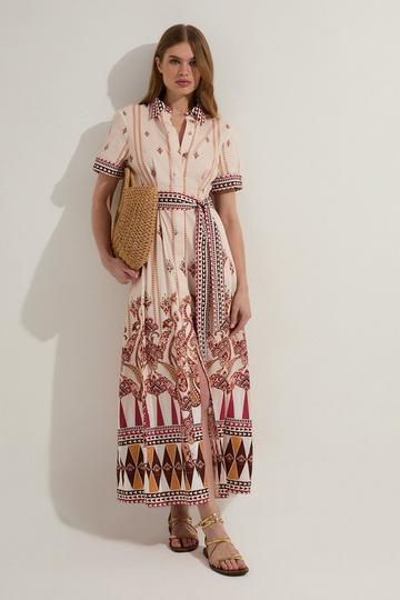 Cotton Sateen Placed Print Woven Midi Shirt Dress tan