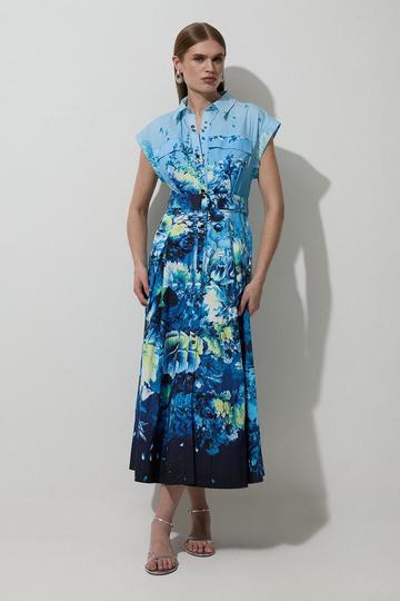 Placed Floral Cotton Sateen Sleeveless Woven Dress blue