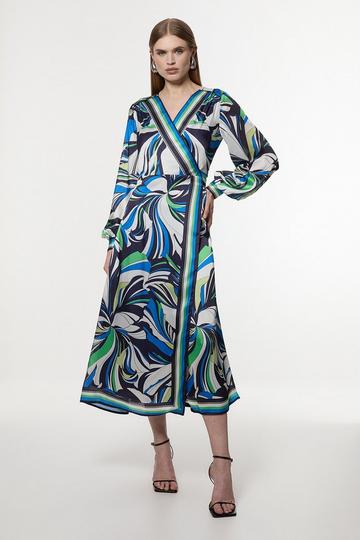 Floral Printed Woven Wrap Over Midi Dress blue