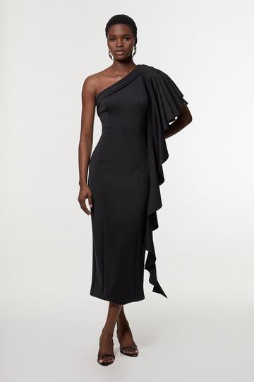 Black Scuba Drama Ruffle Woven Midi Dress