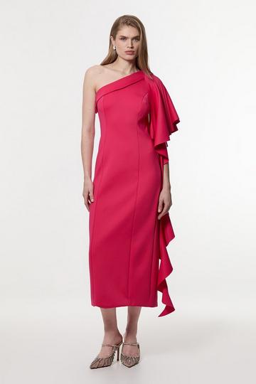 Pink Scuba Drama Ruffle Woven Midi Dress