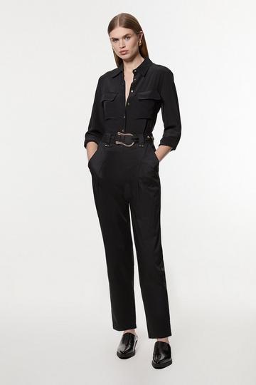 Black Cotton Sateen Belt Detail Woven Trouser