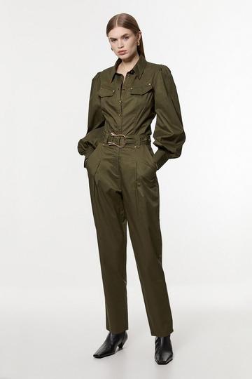 Cotton Sateen Belt Detail Woven Trouser khaki