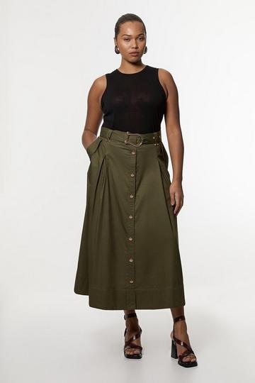 Plus Size Cotton Sateen Belt Detail Midi Skirt khaki