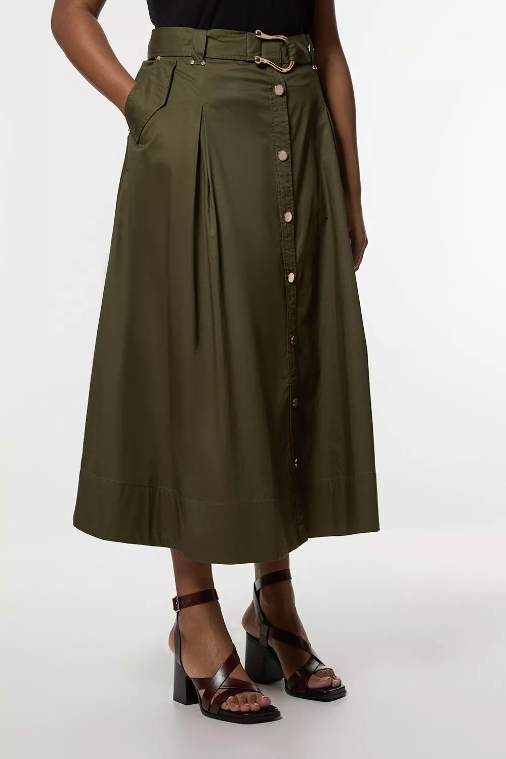 Plus Size Cotton Sateen Belt Detail Midi Skirt | Karen Millen