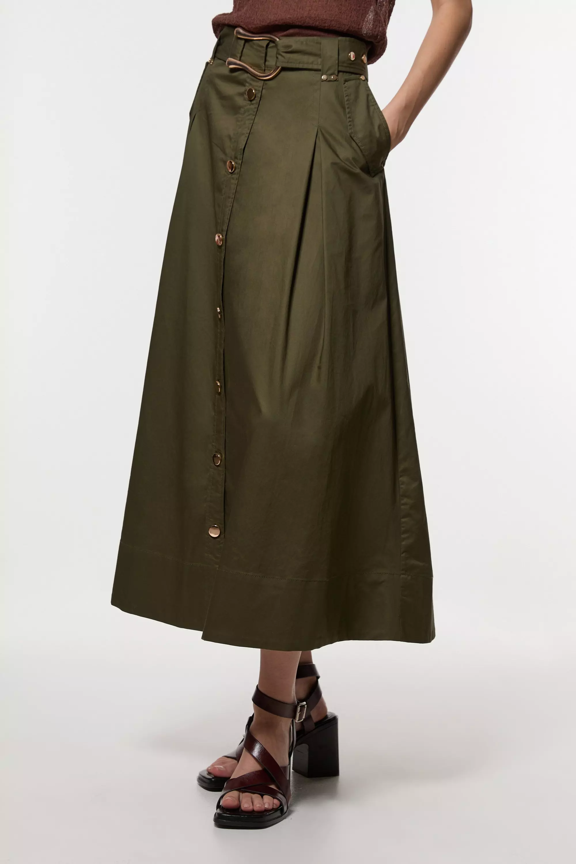 Cotton Sateen Belt Detail Midi Skirt | Karen Millen