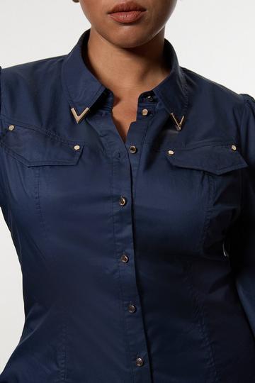 Plus Size Cotton Sateen Collar Detail Woven Shirt navy