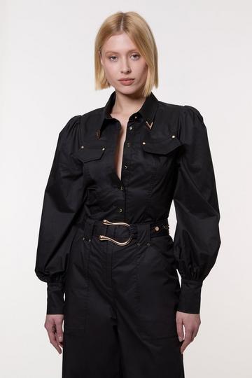 Black Cotton Sateen Collar Detail Woven Shirt