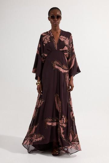 Drama Kimono Sleeve Printed And Beaded Woven Maxi Dress chocolate