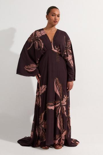 Plus Size Drama Kimono Sleeve Printed And Beaded Woven Maxi Dress chocolate