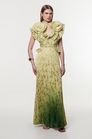 Crinkle Pleat Border Print Maxi Dress With Rosette Detail floral