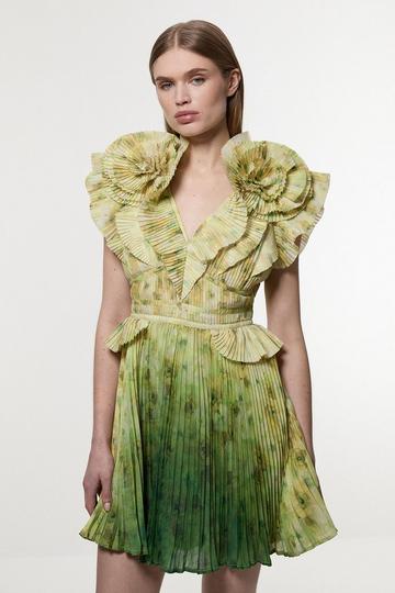 Floral Multi Crinkle Pleat Border Print Mini Dress With Rosette Detail
