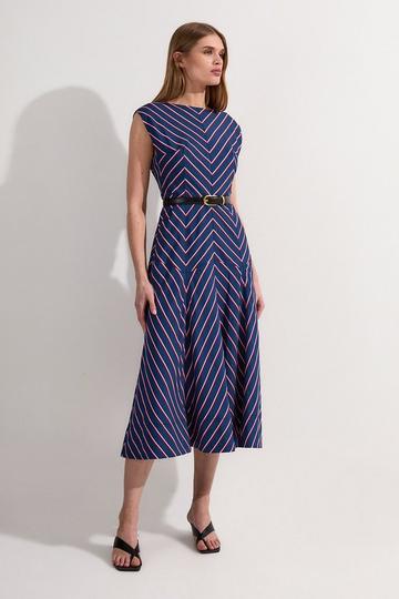 Cotton Stripe Full Skirted Midi Dress navy
