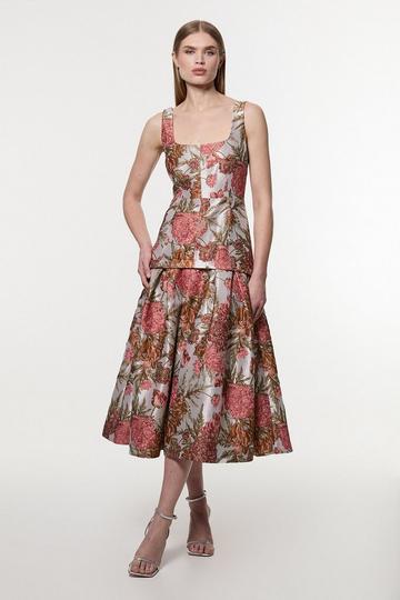 Multi Floral Jacquard Strappy Full Skirted Tailored Maxi Dress