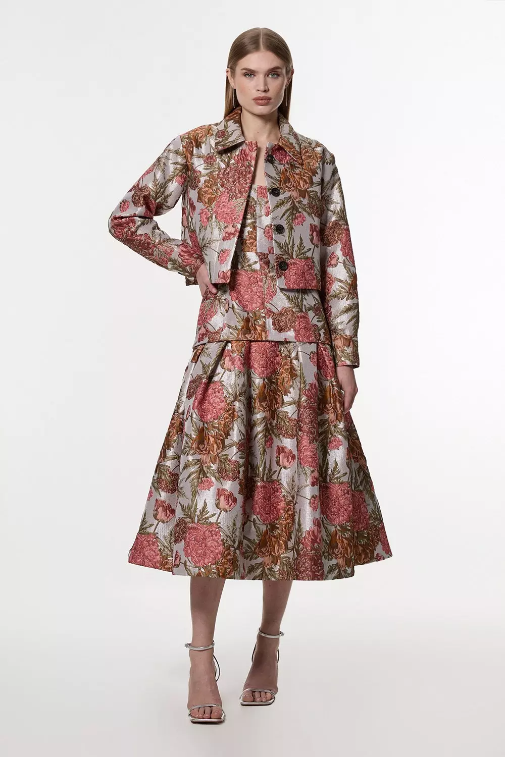 Floral Jacquard Strappy Full Skirted Tailored Maxi Dress