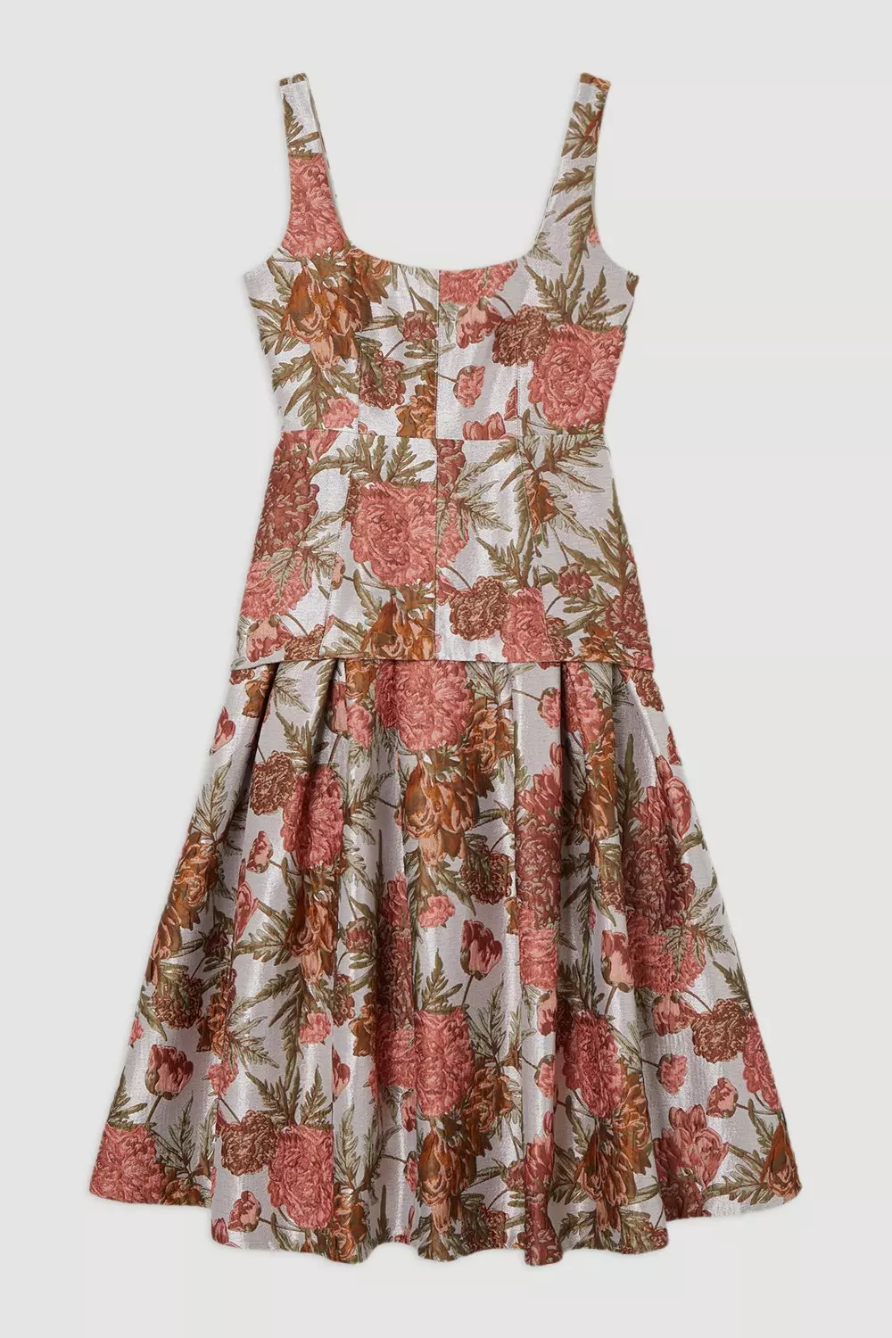 Floral Jacquard Strappy Full Skirted Tailored Maxi Dress