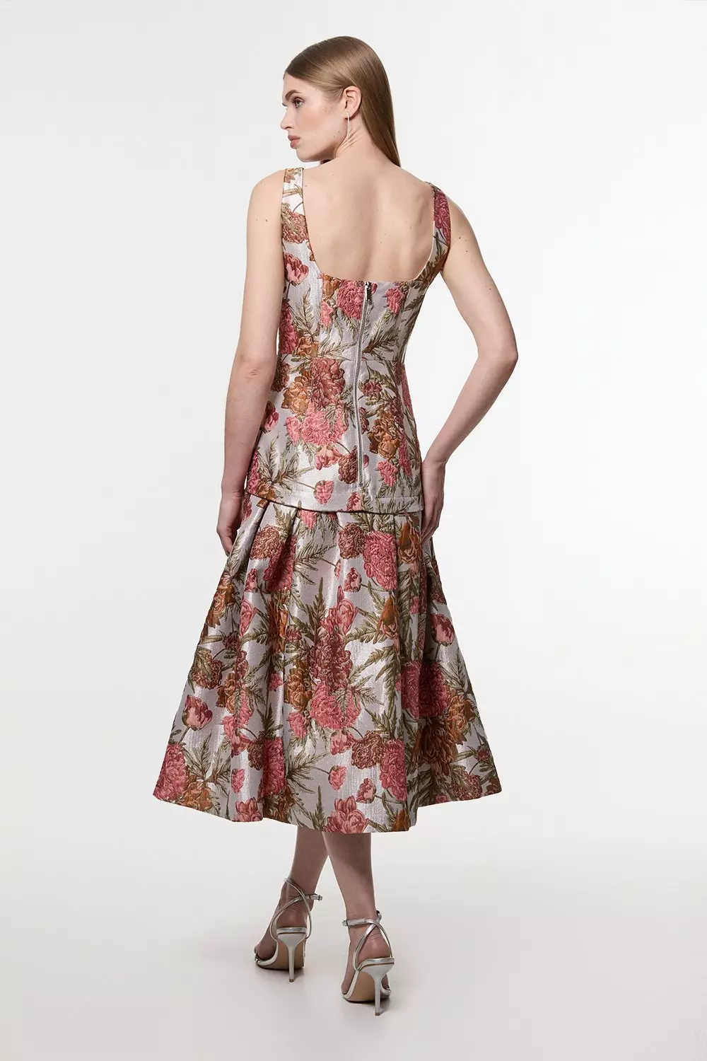 ブランド通販 Floral Jacquard Strappy Full Skirted Tailored Maxi Dress ワンピース