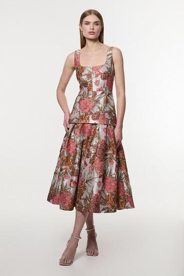 Multi Petite Floral Jacquard Strappy Full Skirted Tailored Maxi Dress