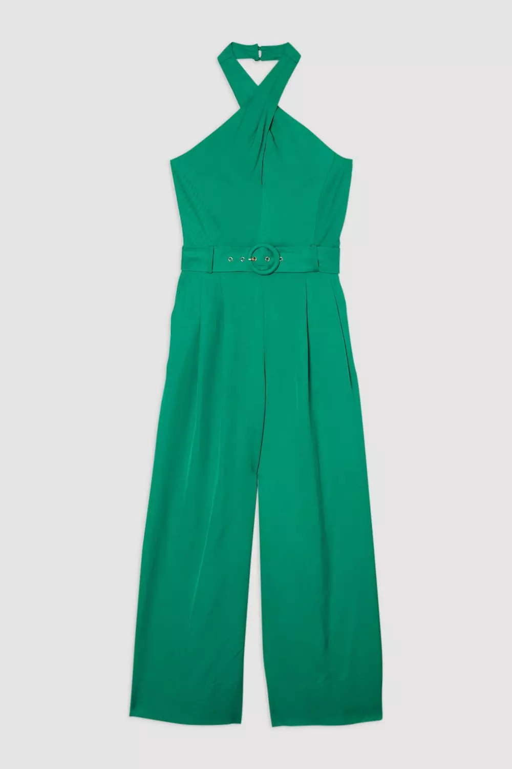 Green Premium Viscose Linen Cross Front Halter Belted Woven Wide Leg Jumpsuit alternative image