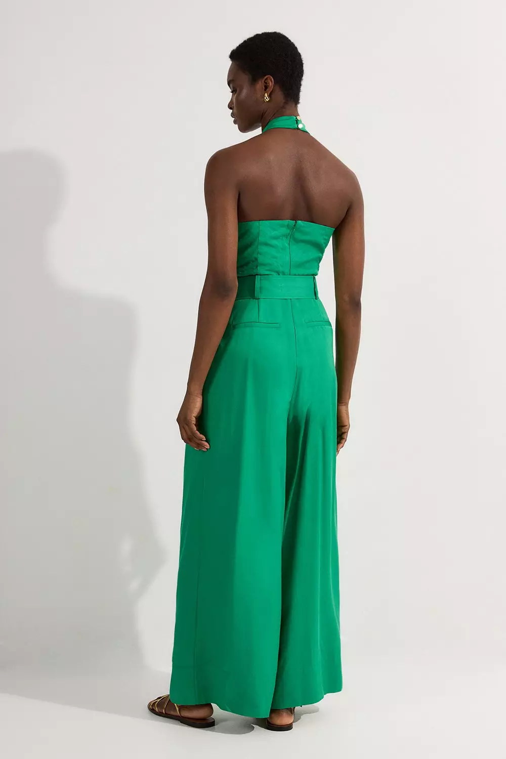 Green Premium Viscose Linen Cross Front Halter Belted Woven Wide Leg Jumpsuit alternative image