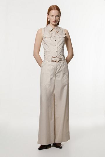 Cotton Sateen Utility Detail Belted Trouser With Gold Hardware Detail stone