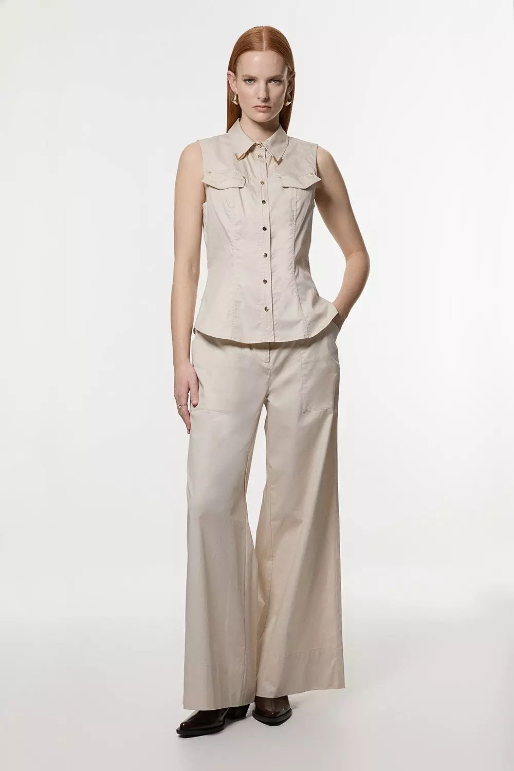 Stone Cotton Sateen Utility Detail Woven Blouse With Gold Hardware  alternative image