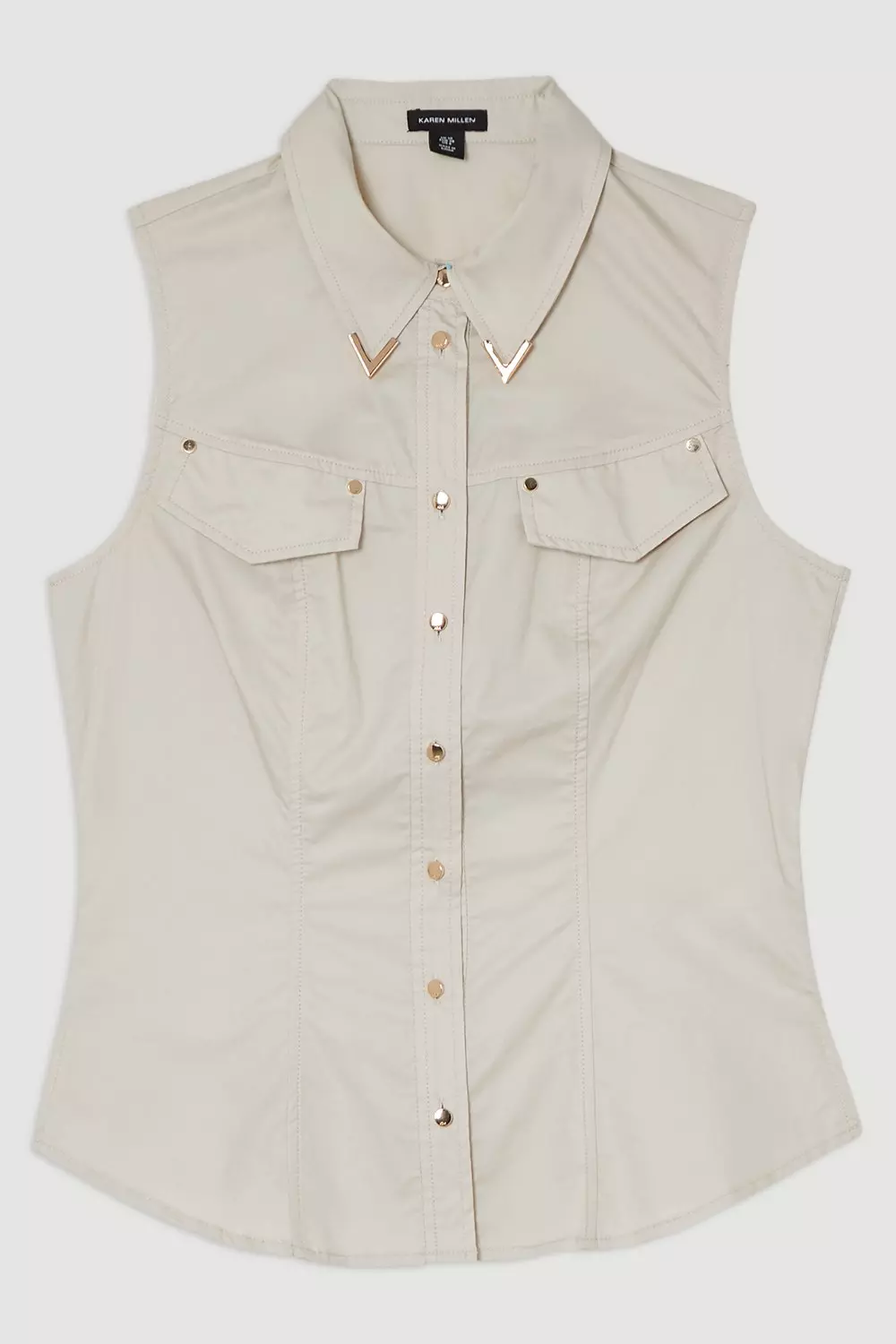 Stone Cotton Sateen Utility Detail Woven Blouse With Gold Hardware  alternative image