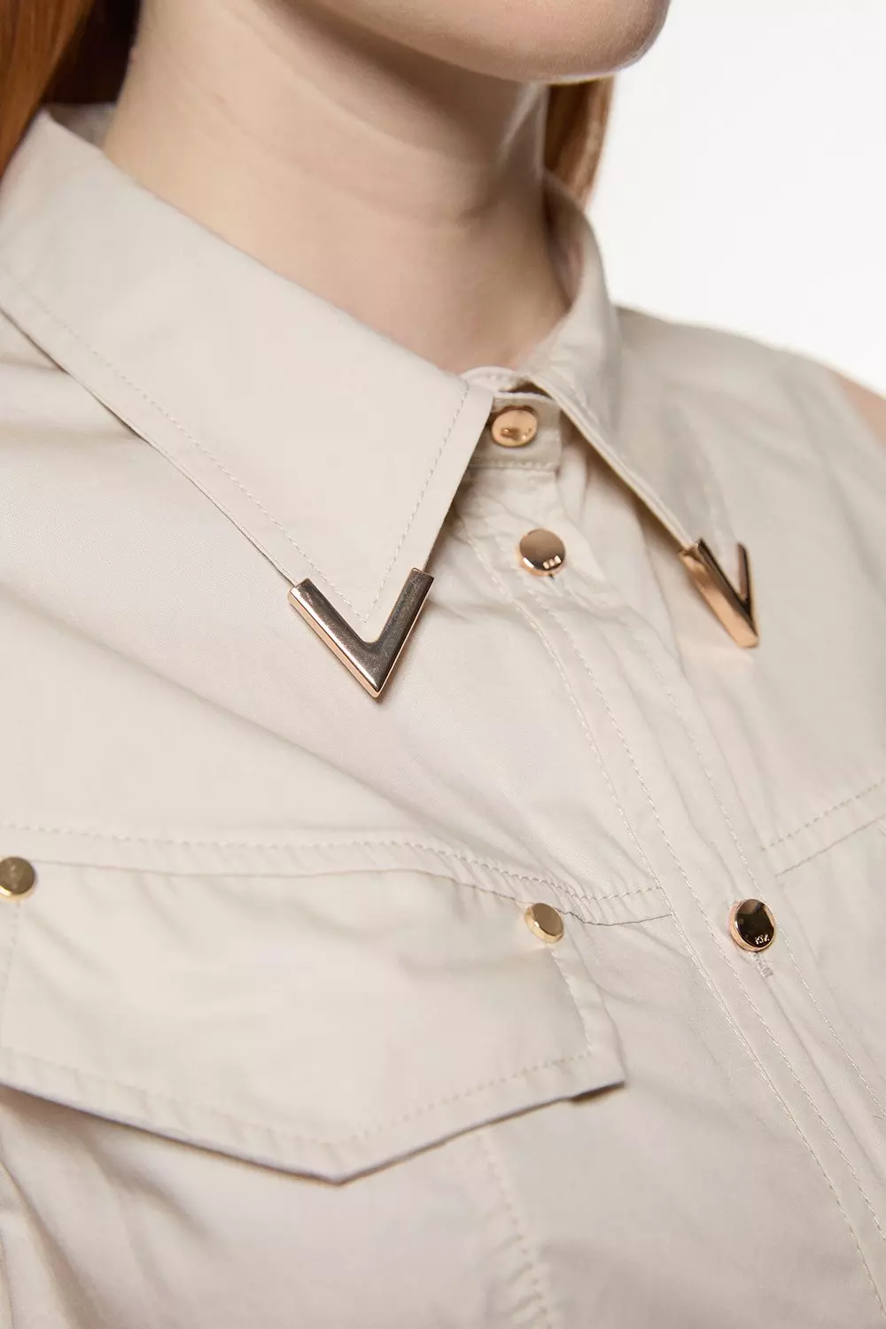 Stone Cotton Sateen Utility Detail Woven Blouse With Gold Hardware  alternative image