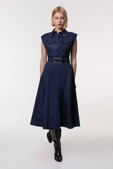 Cotton Sateen Utility Top Stitch Detail Woven Dress With Gold Hardware navy