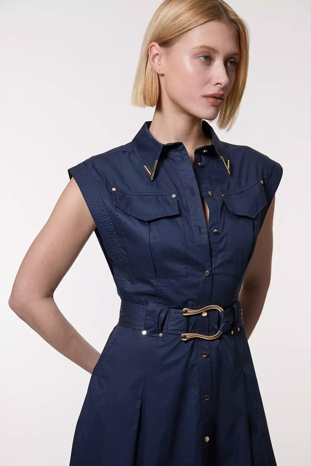 【Karen Millen】コットントップステッチ織りミディシャツドレス Cotton Broderie Belted Shirt Dress | Karen Millen