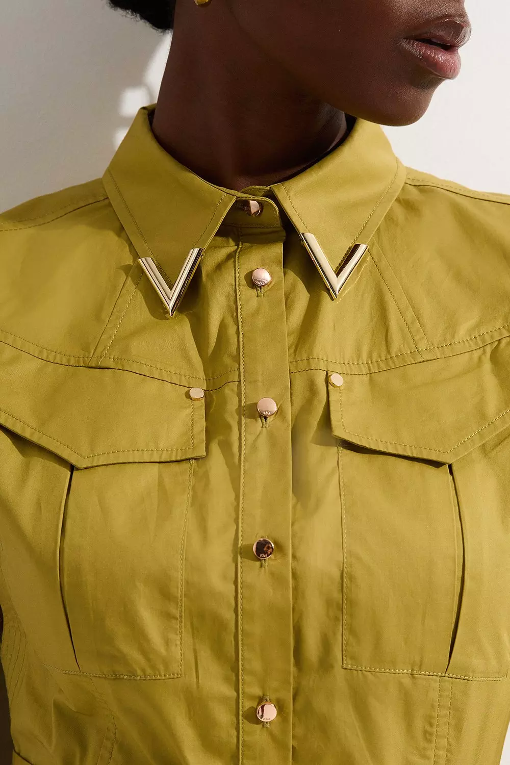 Olive Cotton Sateen Utility Top Stitch Detail Woven Dress With Gold Hardware  alternative image
