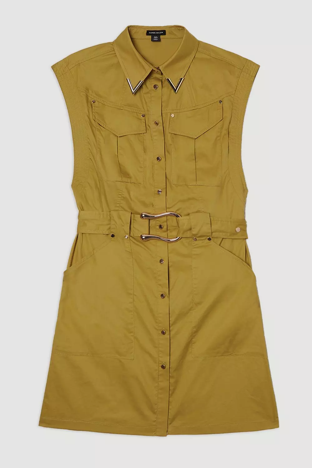 Olive Cotton Sateen Utility Top Stitch Detail Woven Dress With Gold Hardware  alternative image