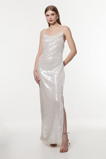 White Petite Liquid Shine Strappy Cowl Neck Woven Sequin Dress