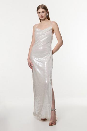 White Liquid Shine Strappy Cowl Neck Woven Sequin Dress