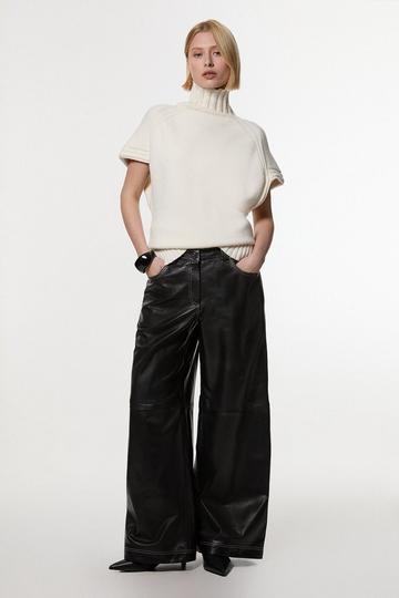 Black Leather Contrast Stitch 5 Pocket Straight Leg Jeans