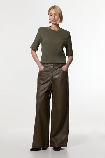 Leather Contrast Stitch 5 Pocket Straight Leg Jeans olive