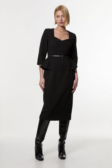 Black Structured Crepe Long Sleeve Belted Tailored Pencil Midi Dress