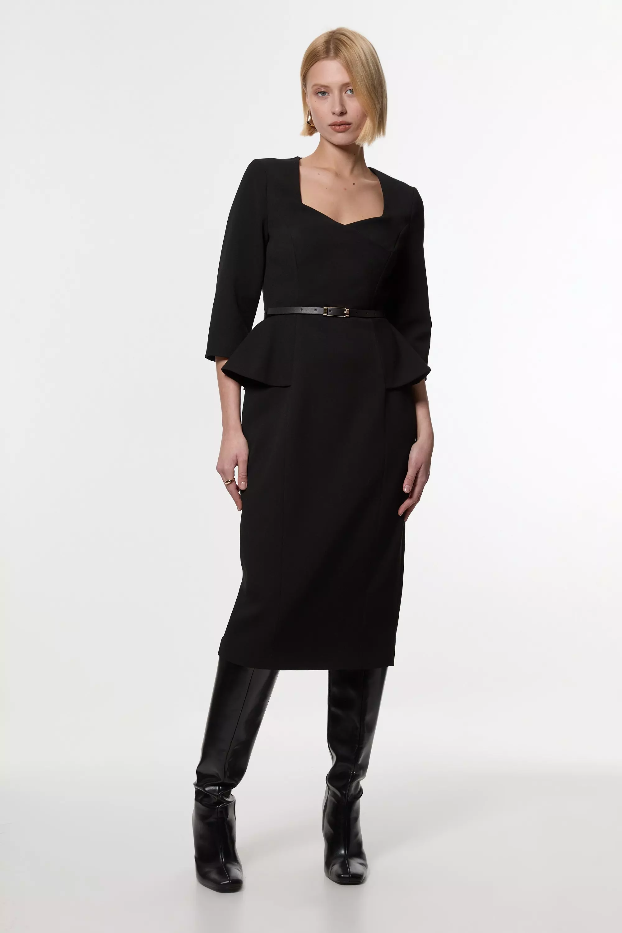 Black Structured Crepe Long Sleeve Tailored Pencil Midi Dress alternative image