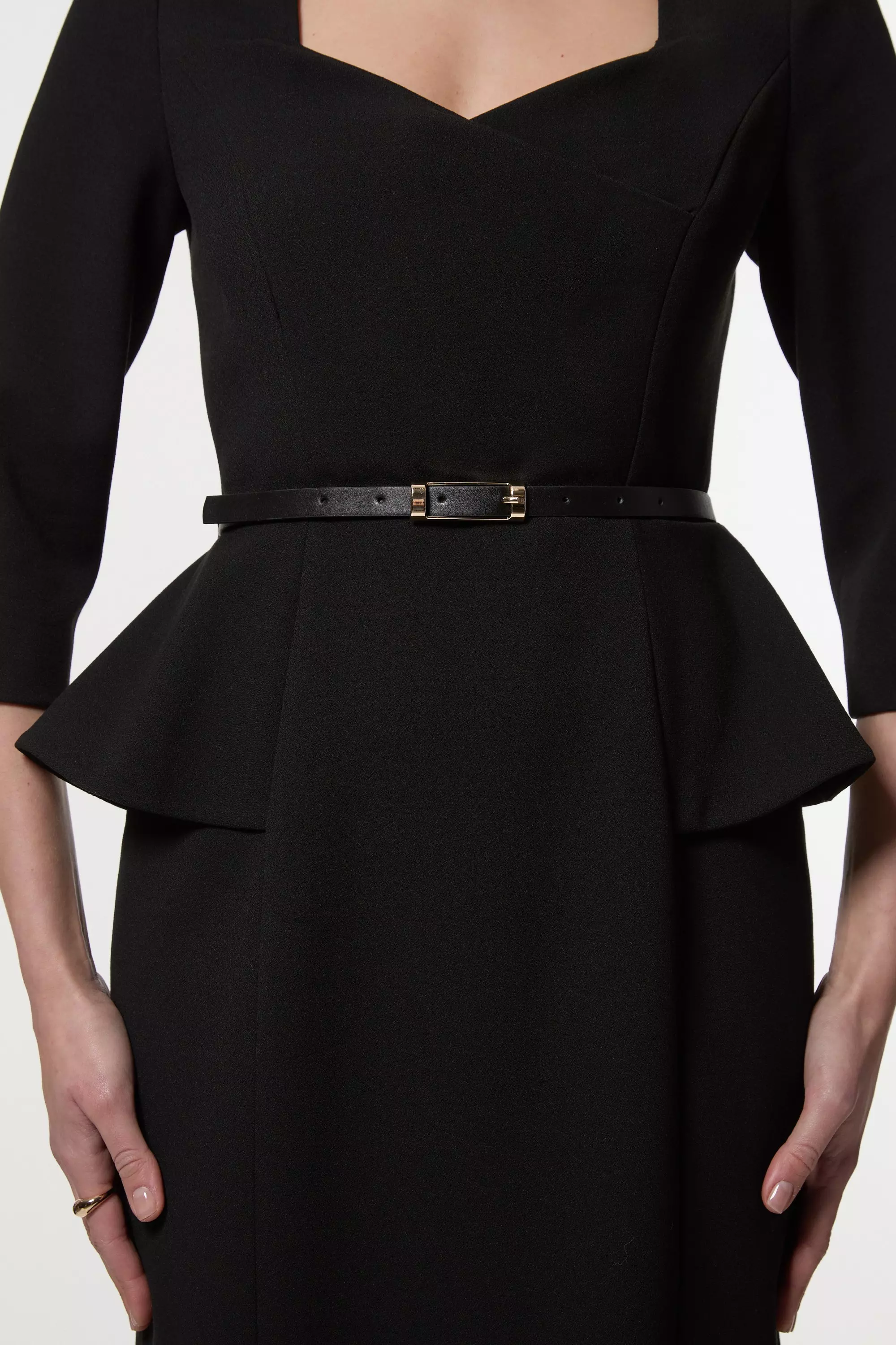 Black Structured Crepe Long Sleeve Tailored Pencil Midi Dress alternative image
