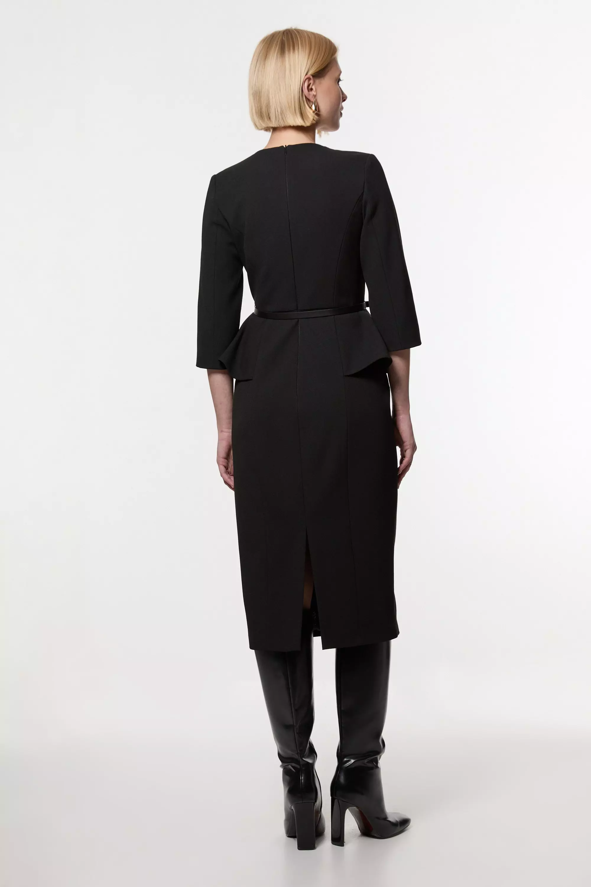 Black Structured Crepe Long Sleeve Tailored Pencil Midi Dress alternative image