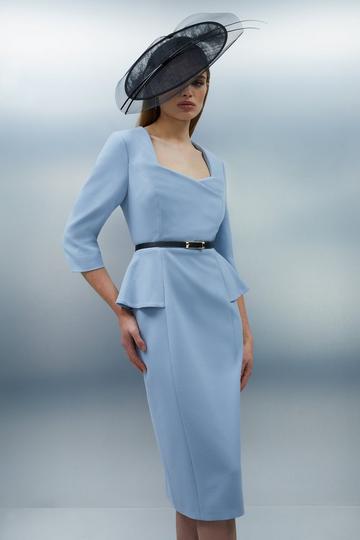 Blue Structured Crepe Long Sleeve Belted Tailored Pencil Midi Dress